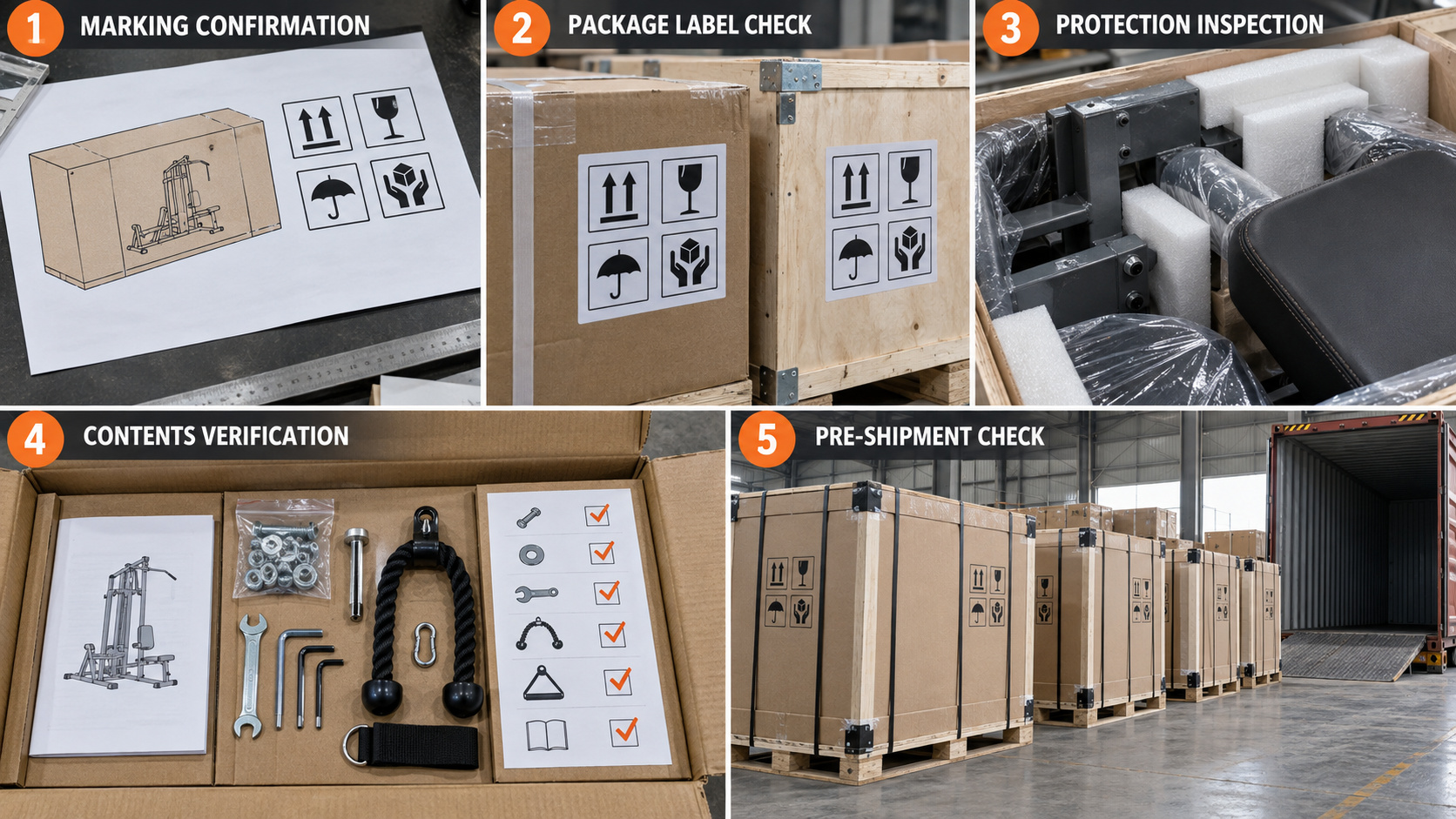 Commercial gym equipment pre-shipment packing check