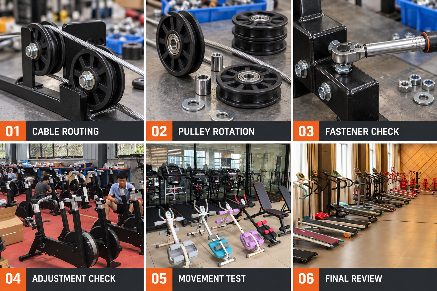 Gym equipment assembly and functional inspection