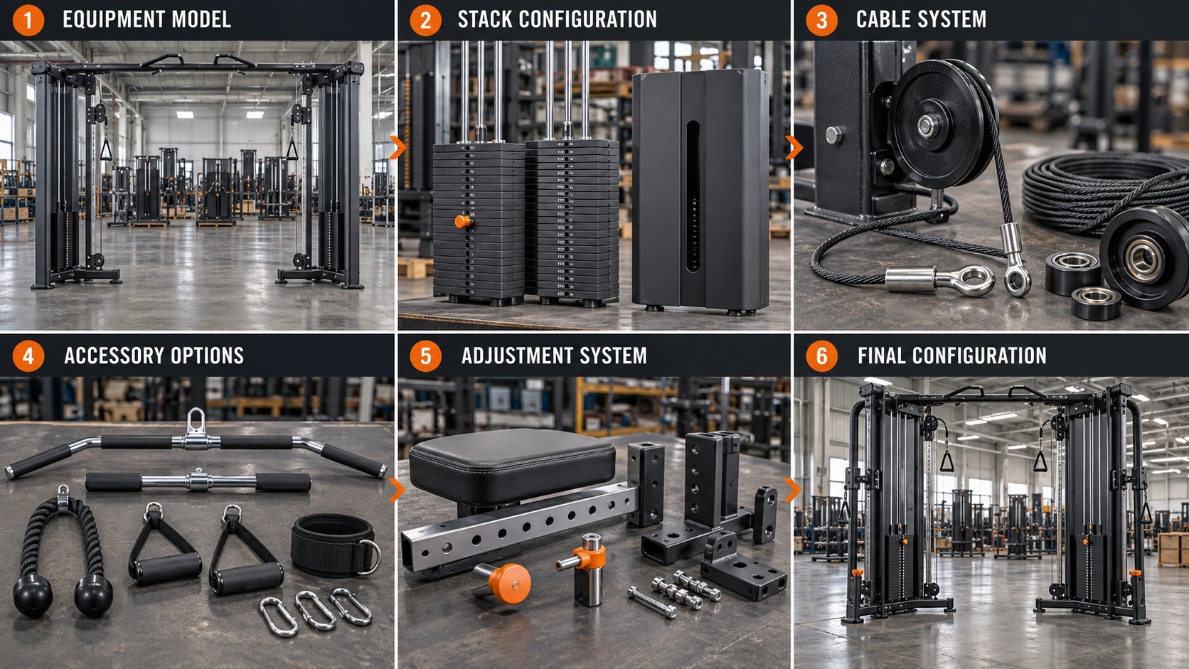 Gym equipment configuration and accessory options