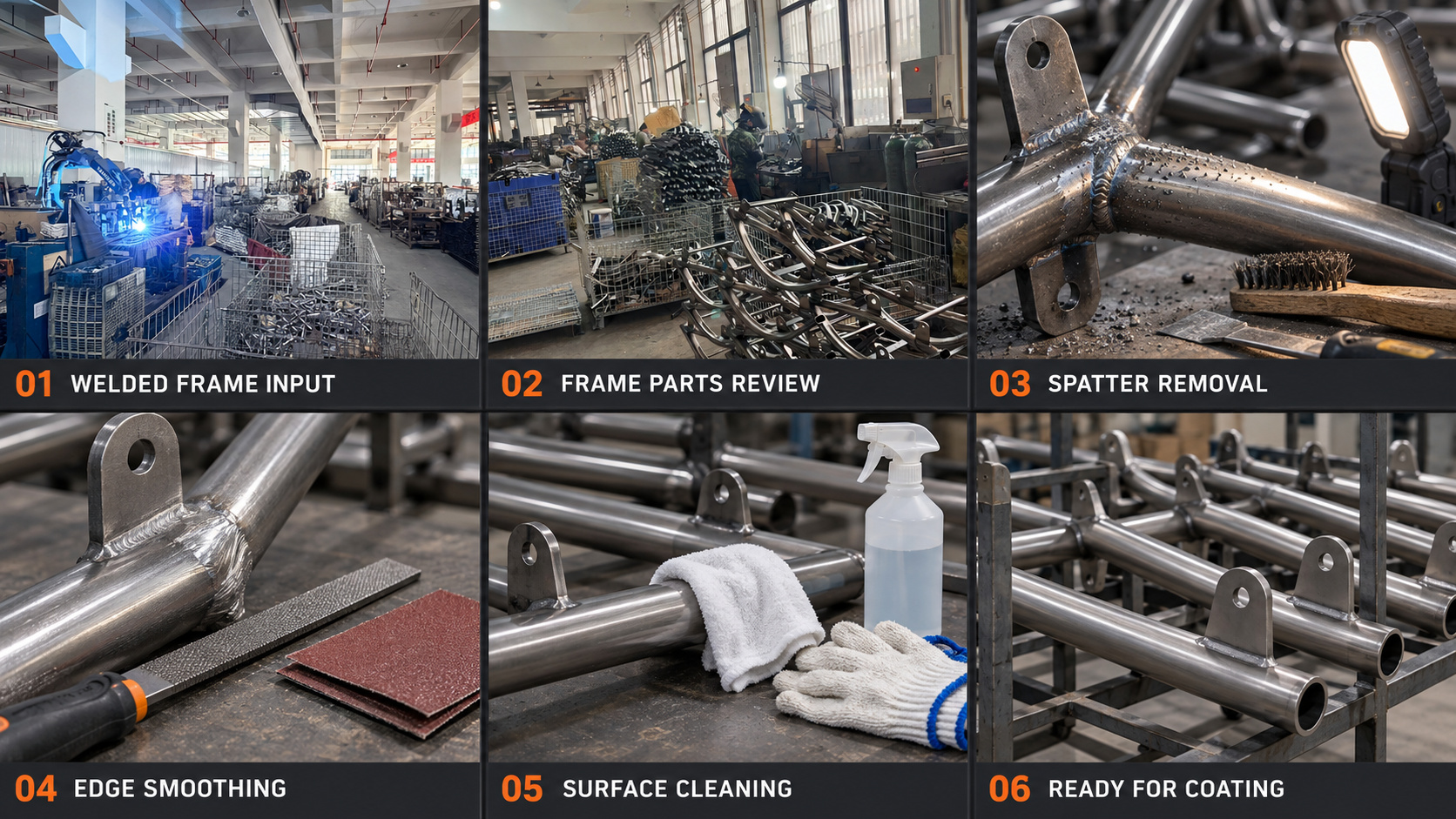 Gym equipment frame grinding and surface preparation