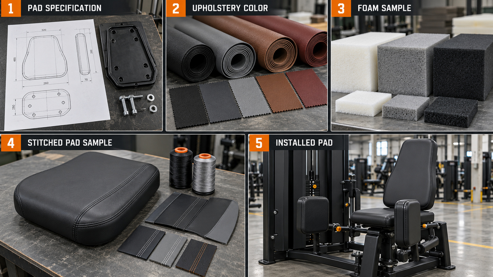 Gym equipment upholstery and pad customization