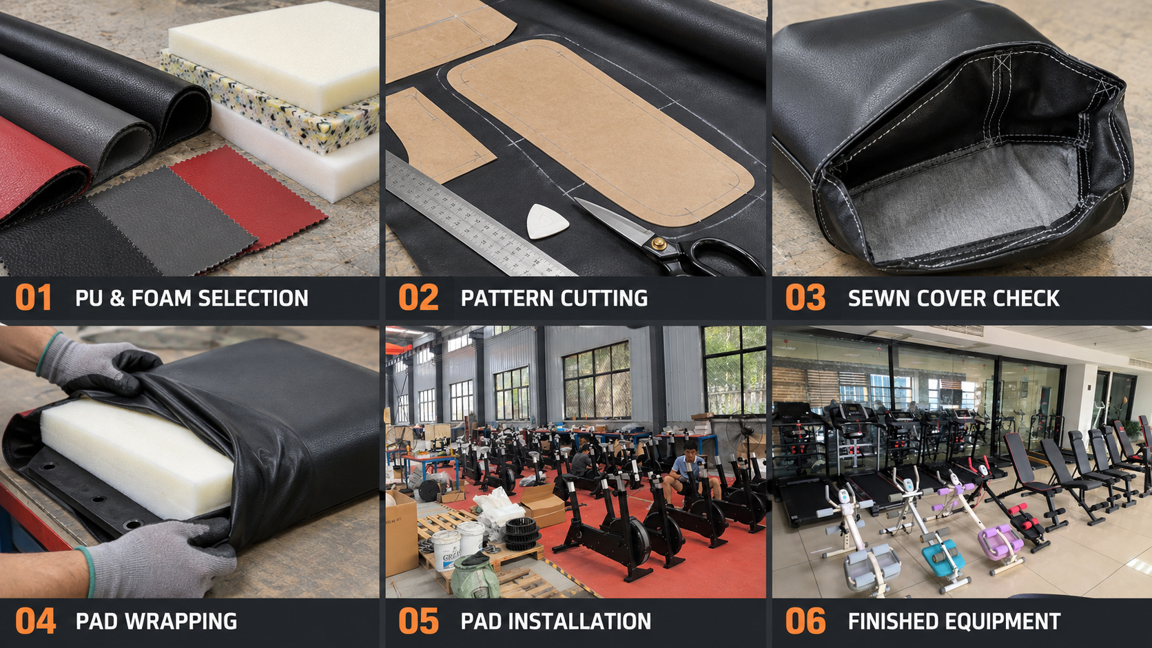 Gym equipment upholstery cutting and pad assembly